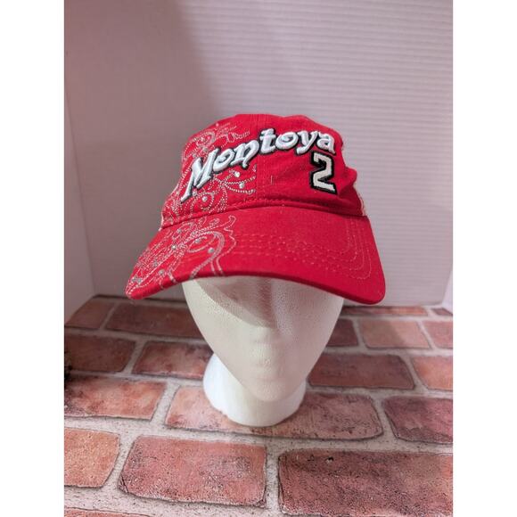 Montoya #2 Adjustable Strap Back Hat Cap Team Penske Racing Red White Bling - Picture 2 of 7